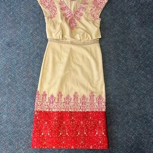 Tori Burch Elegant Tan and Red Dress with Pink Accents